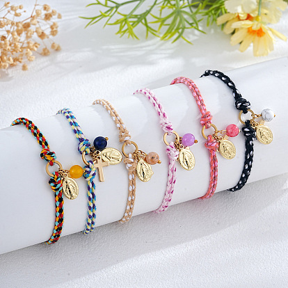 Латунь шарм браслеты, Регулируемые браслеты из плетеного хлопкового шнура для женщин и мужчин, крест и овал с девой марией