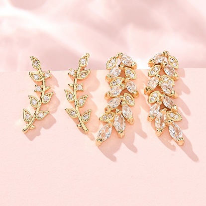 Brass Pave Cubic Zirconia Stud Crawler Earrings, Leaf, Real 18K Gold Plated, Cadmium Free & Lead Free, Long-Lasting Plated, Rack Plating