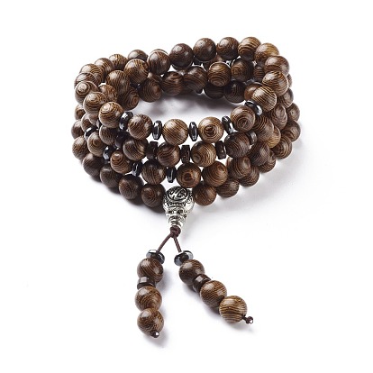 Natural Wood & Coconut Beaded Four Loops Wrap Bracelet Necklace with Gourd, Lucky Jewelry for Men Women
