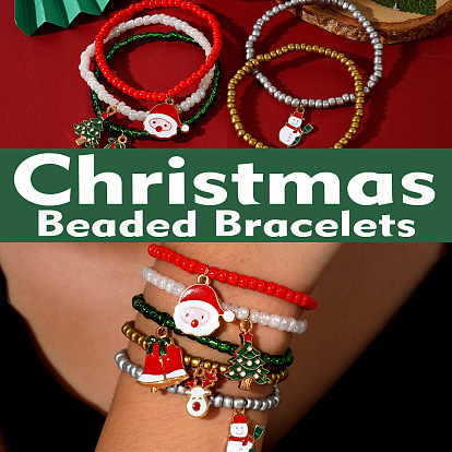 Рождественские 304 браслеты из нержавеющей стали с эмалированными подвесками, Браслеты из стеклянного бисера на резинке для женщин и мужчин