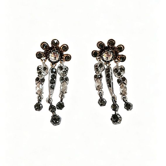 Alloy & Jet Rhinestone Stud Dangle Earrings, Flower