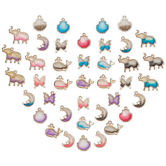 Alloy Resin Pendants, with Glitter Powder, Lead Free, Golden, Butterfly & Scallop Shell Shape & Elephant & Moon & Dolphin