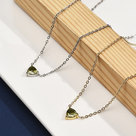 304 ожерелья из нержавеющей стали с треугольными подвесками из кубического циркония оливкового цвета для женщин, ионное покрытие (ip)