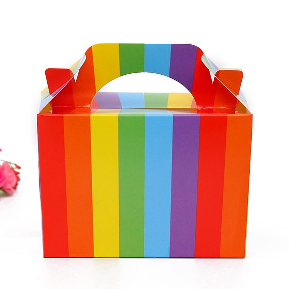 Rainbow Color Folding Cardboard Paper Box, Food Packaging Box, Rectangle with Stripe Pattern