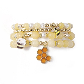 4Pcs 4 Style Natural Topaz Jade & Shell Pearl Stretch Bracelets Set, Alloy Enamel Bees & Honeycomb Charms Stackable Bracelets