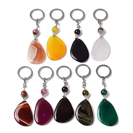 Iron with Alloy Natural Agate Pendant Keychain, Dyed, Teardrop