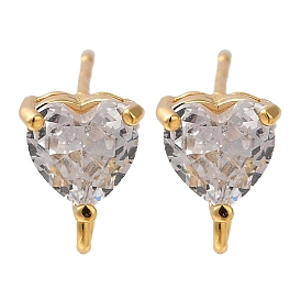 Brass Clear Cubic Zirconia Stud Earrings Finding for Women, with Loop, Heart