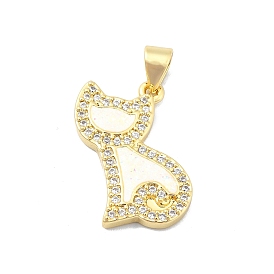 Brass Micro Pave Clear Cubic Zirconia Pendants, with Sythetic Opal, Cat Shape