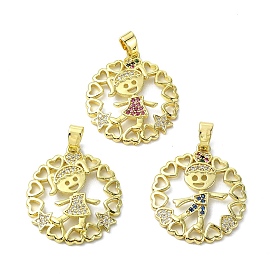 Rack Plating Brass Micro Pave Clear Cubic Zirconia Pendants, Long-Lasting Plated, Lead Free & Cadmium Free, Round with Human