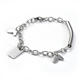 304 Stainless Steel Charm Bracelets, with Cable Chains and Lobster Claw Clasps, Heart & Rectangle