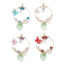 Граненые круглые подвески в виде бабочек из натурального смешанного камня и стекла, а также пластиковых цветов., весенние подвески с медной проволокой, золотые