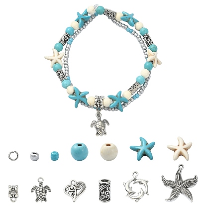 DIY Ocean Theme Jewelry Making Finding Kit, Including Synthetic Mixed Stone & Glass Seed & Alloy Column Beads, 304 Stainless Steel Jump Ring, Alloy Pendants, Dolphin & Turtle & Heart & Starfish