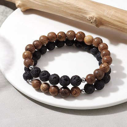 Bracelet extensible en pierre de lave naturelle et perles rondes en bois