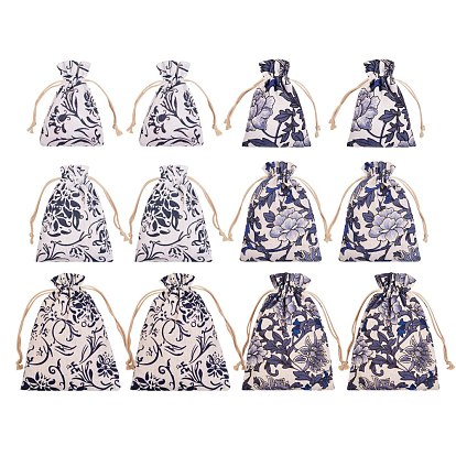Burlap Pouches, Polyester Drawstring Bags, Flower Pattern