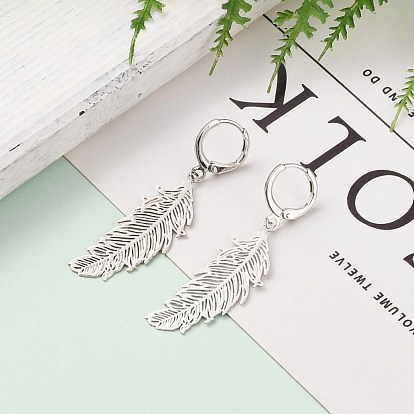 304 Stainless Steel Leverback Earrings, with Brass Feather Pendants