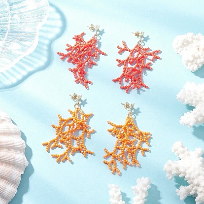 Star with Coral Handmade Glass Seed Beads Tassel Stud Earrings, with 304 Stainless Steel Stud Earring Findings, Golden