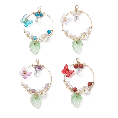 Граненые круглые подвески в виде бабочек из натурального смешанного камня и стекла, а также пластиковых цветов., весенние подвески с медной проволокой, золотые