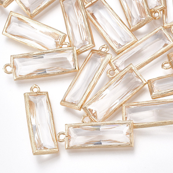 Glass Pendants, with Brass Findings, Faceted, Rectangle, Golden