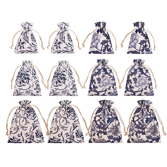 Burlap Pouches, Polyester Drawstring Bags, Flower Pattern