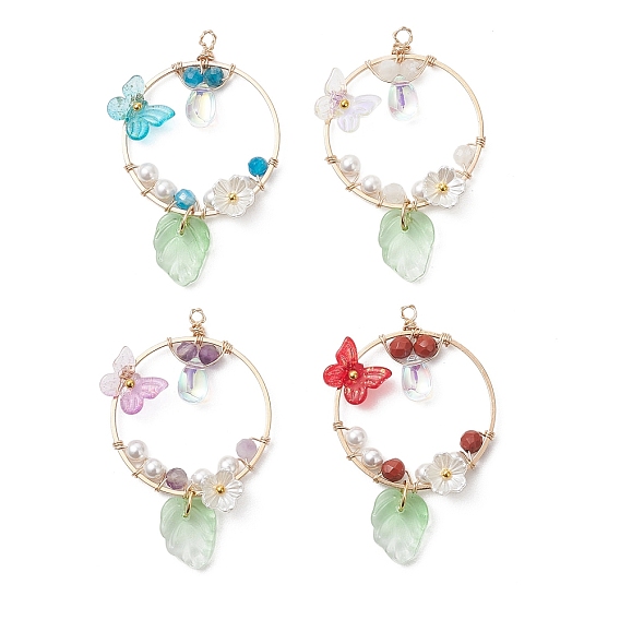 Граненые круглые подвески в виде бабочек из натурального смешанного камня и стекла, а также пластиковых цветов., весенние подвески с медной проволокой, золотые