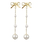 Brass Bowknot Dangle Stud Earrings, Shell Pearl Beaded Long Drop Earrings
