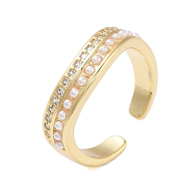 Rack Plating Brass Micro Pave Cubic Zirconia Open Cuff Rings for Women, with ABS Imitation Pearl, Cadmium Free & Lead Free, Long-Lasting Plated