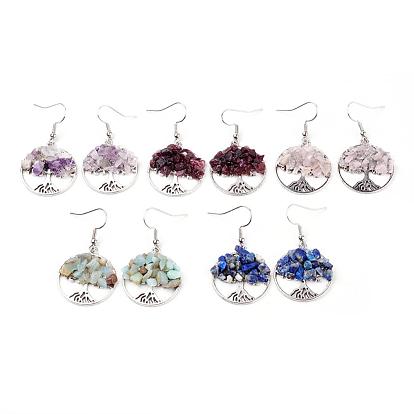 Natural Gemstone Dangle Earrings, with Brass Earring Hooks and Alloy Pendants, Flat Round with Tree of Life