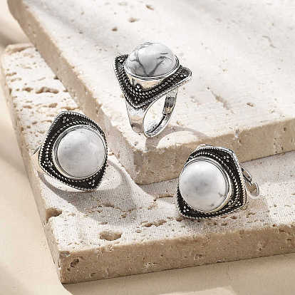 Регулируемые кольца с натуральными и синтетическими драгоценными камнями, старинные латунные кольца серебряного тона, ромб