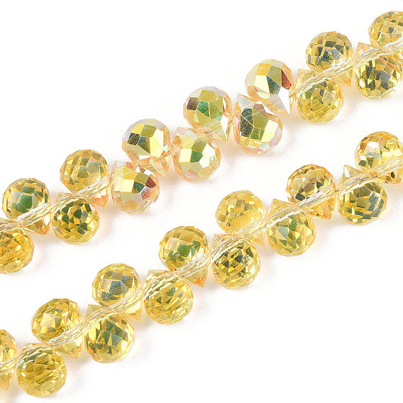 Прозрачные стеклянные бусины гальваническим пряди, слеза, граненые, Топ пробуренной, с полным покрытием цвета радуги