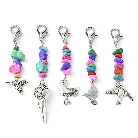 Alloy Bird Pendant Decoration, with Dyed Synthetic Turquoise Beads and Zinc Alloy Lobster Claw Clasps