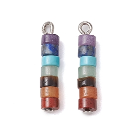 7 Chakra Mixed Gemstone Disc Beaded Pendants, Column Charms with Alloy Loops, Mixed Dyed and Undyed