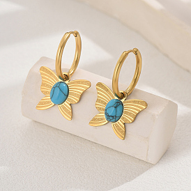 Stainless Steel & Synthetic Turquoise Butterfly Pendant Hoop Earrings for Women