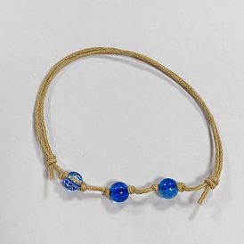 Crackle Glass Round Braided Bead Bracelets, Waxed Cotton Adjustable Bracelet