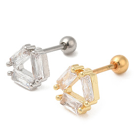 Brass Micro Pave Clear Cubic Zirconia Stud Earrings, with 316 Stainless Steel Pin and Ear Nut, Triangle