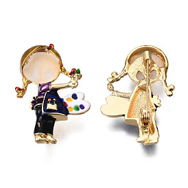 Girl Painting Enamel Pin with Cat Eye, Light Gold Plated Alloy Badge with Rhinestone for Backpack Clothes, Nickel Free & Lead Free