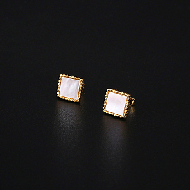 304 Stainless Steel Stud Earrings for Women, with Shell, Square