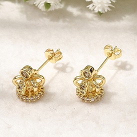 Серьги-гвоздики с короной из латуни с микропаве из прозрачных кубических цирконий для женщин, без кадмия и без свинца, долговечный