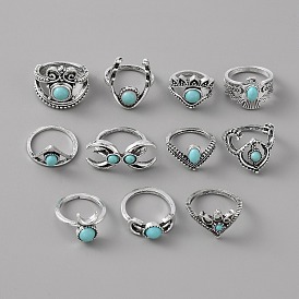 11Pcs 11 Style Eagle & Moon & Star & Crown & Eye Alloy Finger Rings Set with Plastic Beaded, Bohemia Jewelry for Women