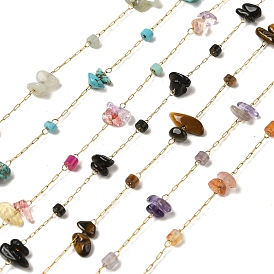 Ion Plating(IP) 304 Stainless Steel Paperclip Chains, with Gemstone Beads, Real 18K Gold Plated, Chip, Soldered, with Spool