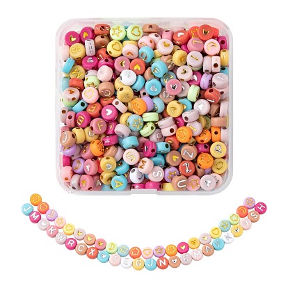 5 style perles acryliques opaques de couleurs mélangées, métal enlacée, plat rond avec des lettres mixtes
