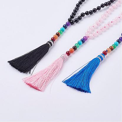 Nylon Tassel Pendant Necklace, with Gemstone Beads