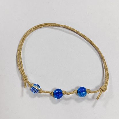 Crackle Glass Round Braided Bead Bracelets, Waxed Cotton Adjustable Bracelet
