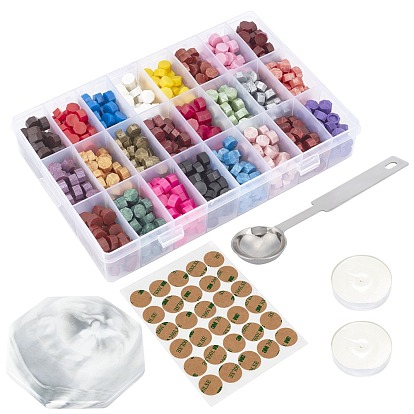 Sealing Wax Particles, for Retro Seal Stamp, with Candle, Stainless Steel Spoon, Marble Pattern Porcelain Cup Coasters and Double Sided Adhesive Paper