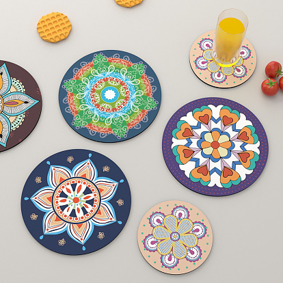 Tapis de tasse en caoutchouc, dessous de verre motif mandala, ronde