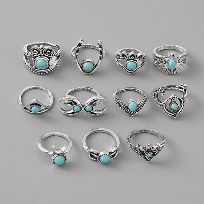 11Pcs 11 Style Eagle & Moon & Star & Crown & Eye Alloy Finger Rings Set with Plastic Beaded, Bohemia Jewelry for Women