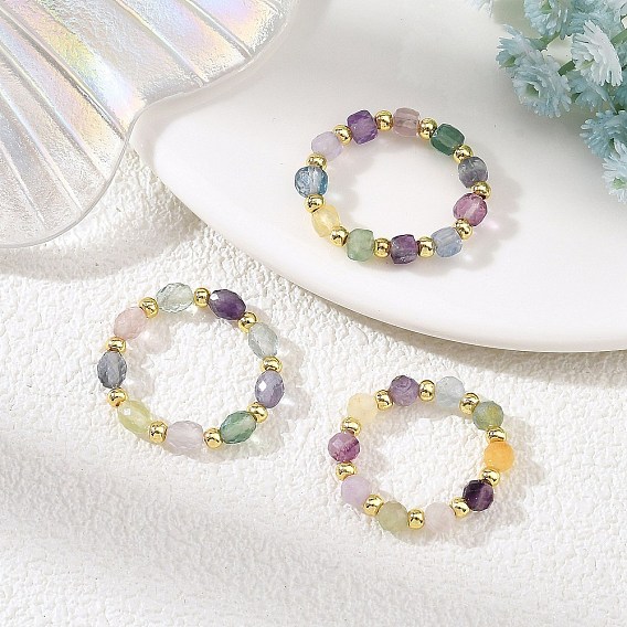 3Pcs Natural Fluorite & Brass Beaded Stretch Ring Set for Women