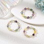 3Pcs Natural Fluorite & Brass Beaded Stretch Ring Set for Women