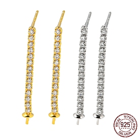 925 Sterling Silver Micro Pave Clear Cubic Zirconia Stud Earring Findings, for Half Drilled Beads, with S925 Stamp