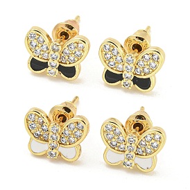Butterfly Real 18K Gold Plated Brass Stud Earrings, with Enamel and Clear Cubic Zirconia