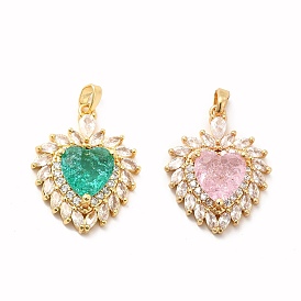 Brass Micro Pave Clear Cubic Zirconia Pendants, with Glass, Flower, Real 18K Gold Plated